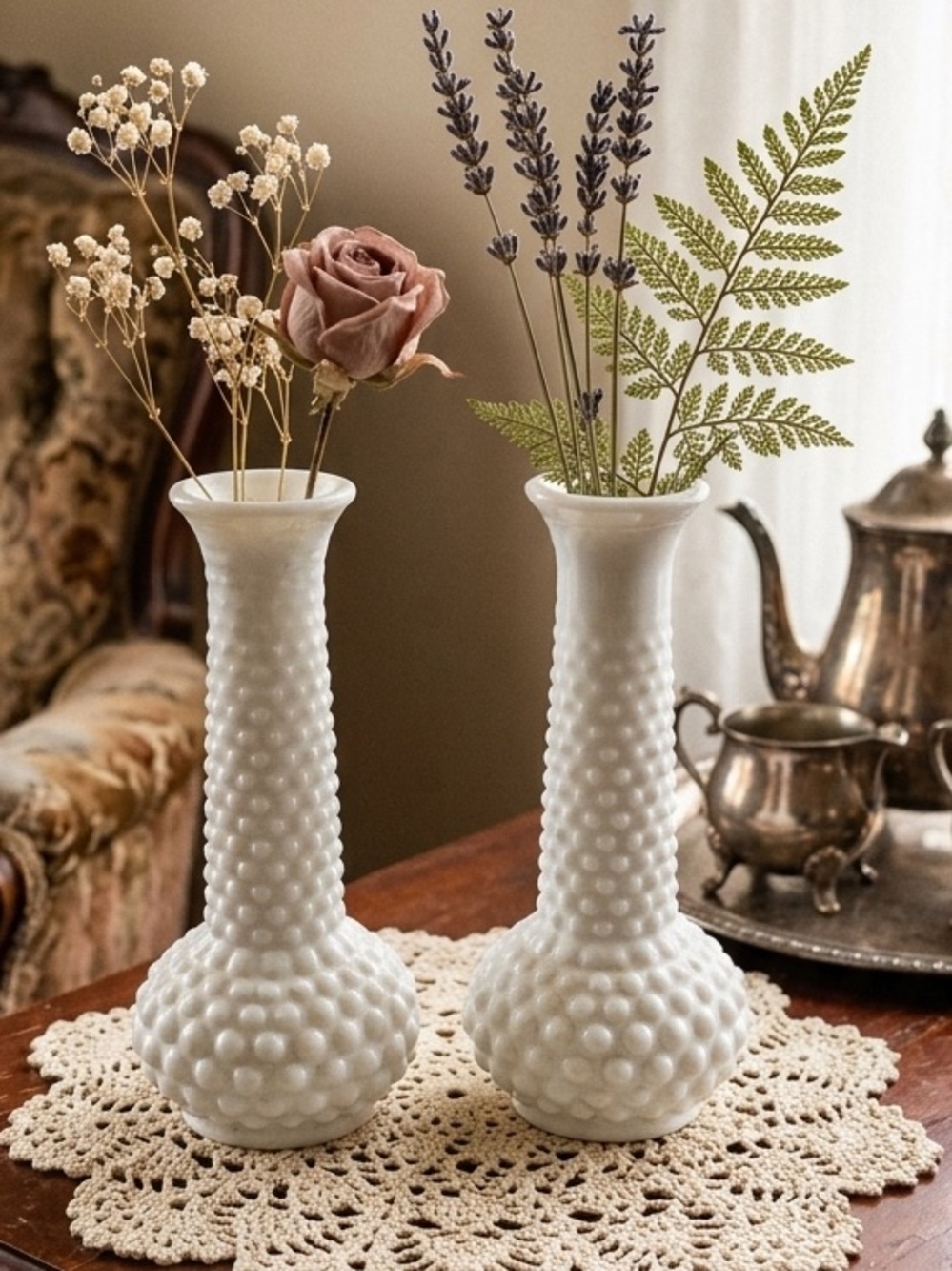 Vintage Set of 2 Elegant White Milk Glass Hobnail Vases 7.5” tall E.O. Brody USA